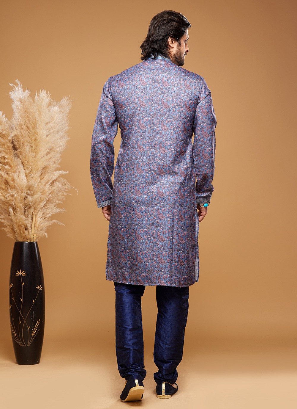 Digital Print Art Silk Blue Kurta Pyjama - M6028