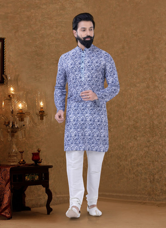 Digital Print Cotton Blue Kurta Pyjama - M3950