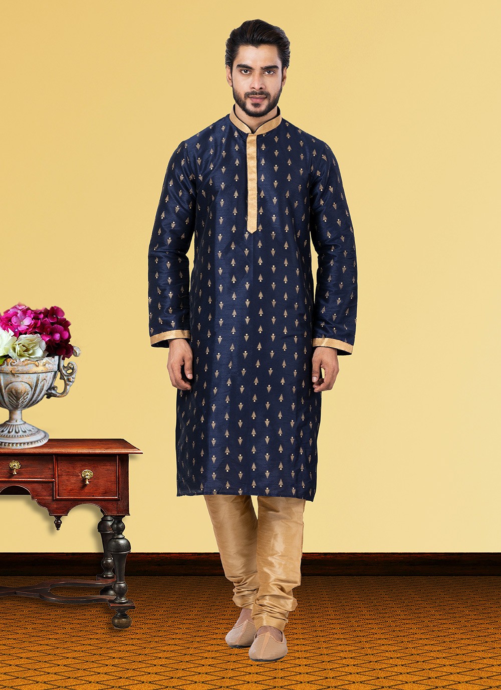 Printed Dupion Silk Blue Kurta Pyjama - M3694