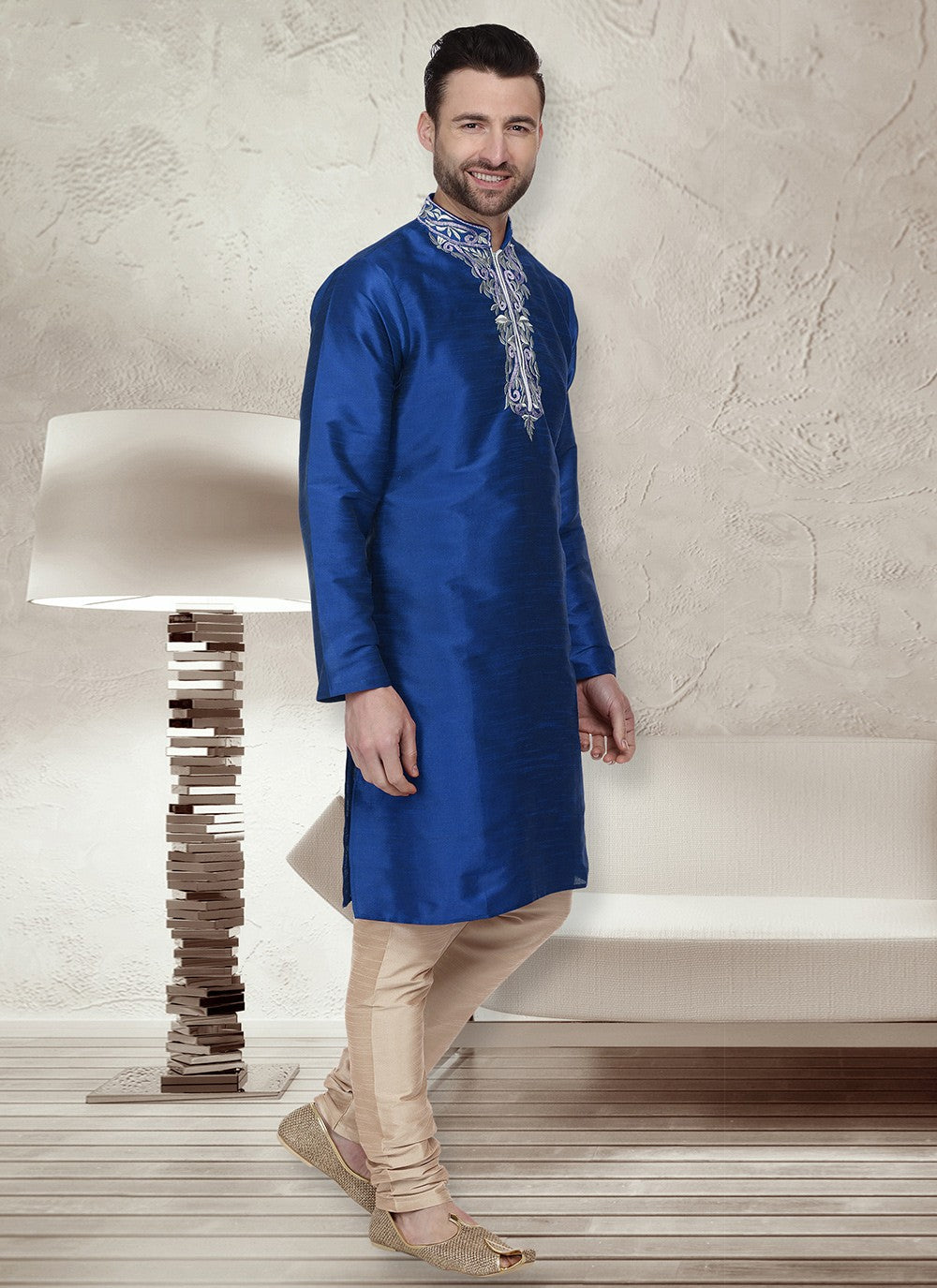 Embroidered Dupion Silk Blue Kurta Pyjama - M6536