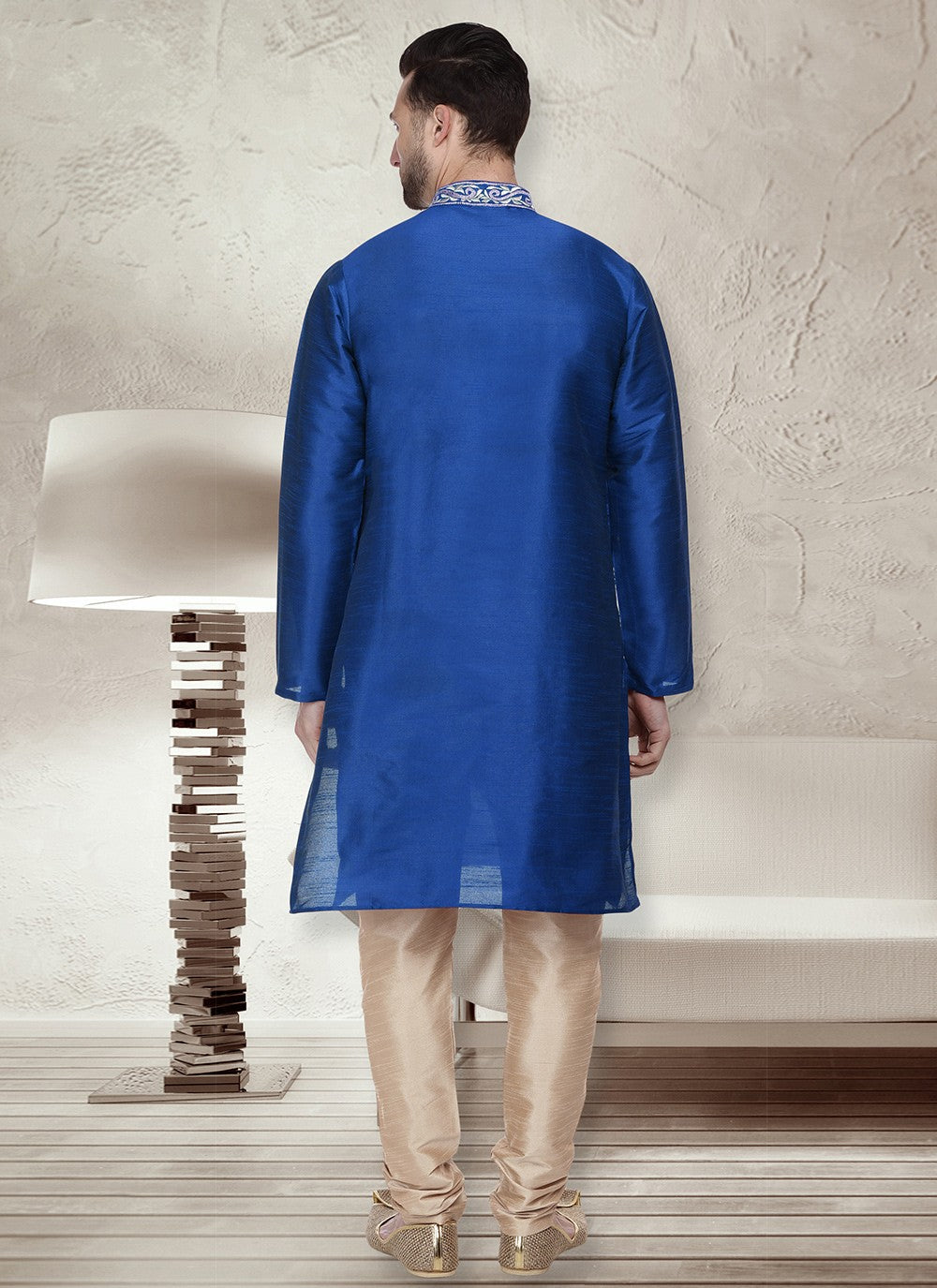 Embroidered Dupion Silk Blue Kurta Pyjama - M6536