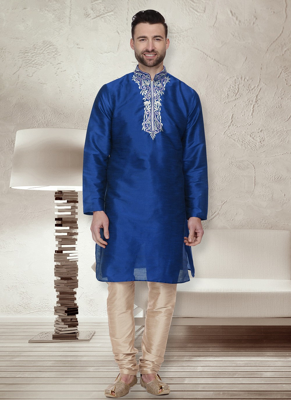 Embroidered Dupion Silk Blue Kurta Pyjama - M6536