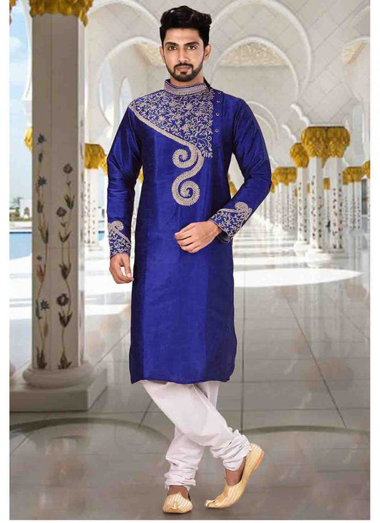 Embroidered Art Dupion Silk Blue Kurta Pyjama - M1603