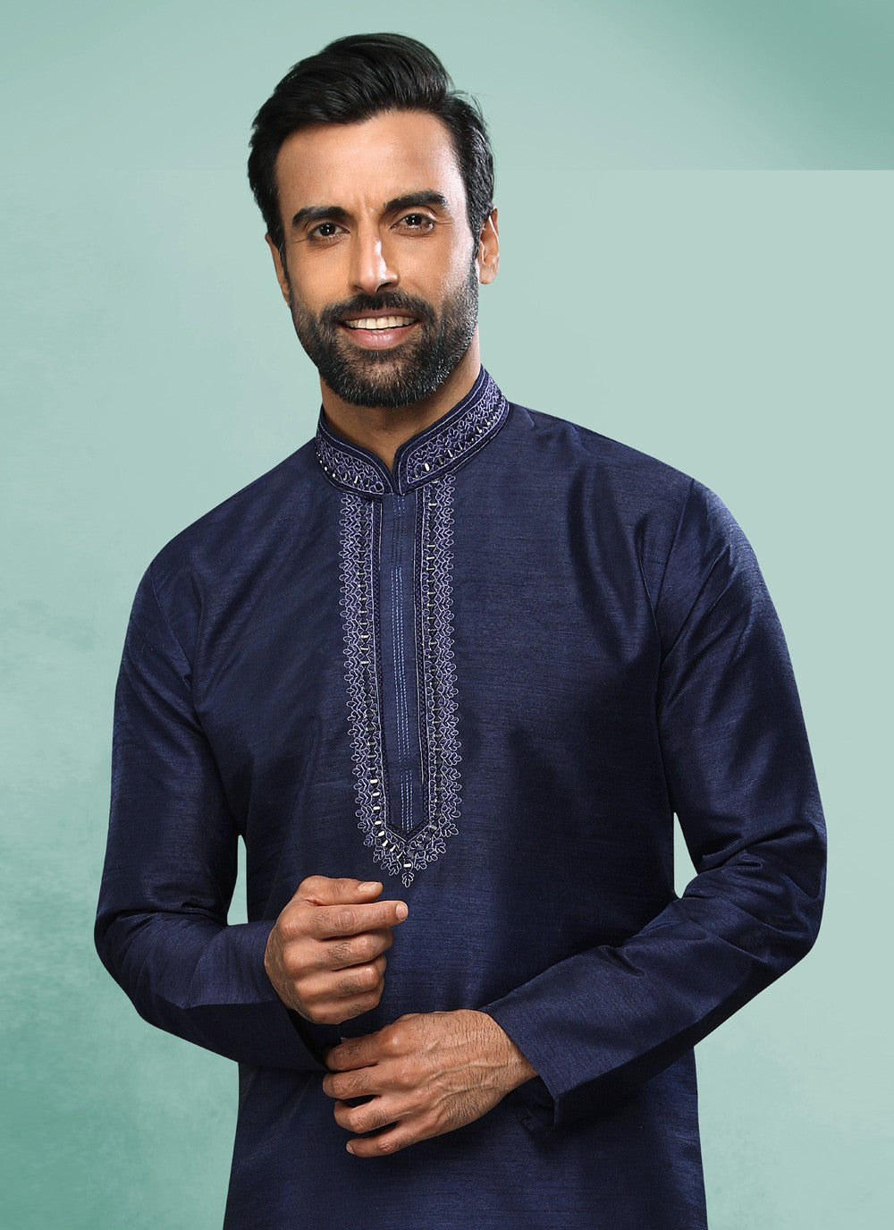 Embroidered Art Silk Blue Kurta Pyjama - M4370