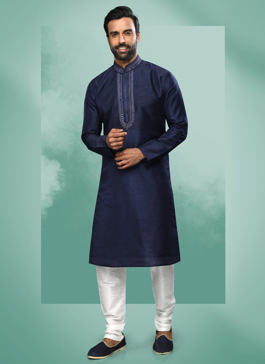 Embroidered Art Silk Blue Kurta Pyjama - M4370