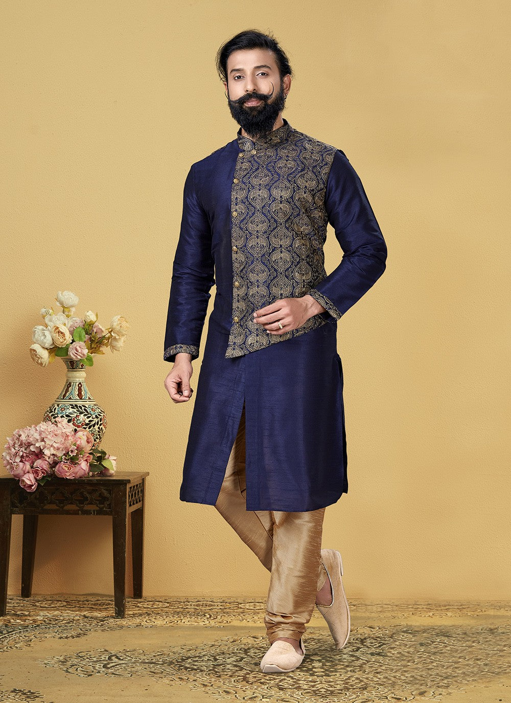 Embroidered Dupion Silk Blue Kurta Pyjama - M2063