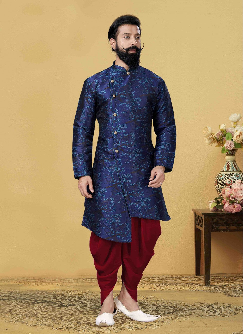 Embroidered Jacquard Silk Blue Indo Western - M1758