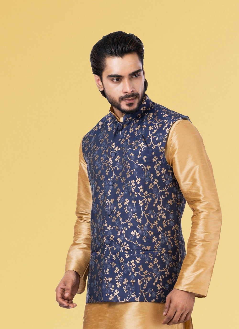 Embroidered Jacquard Silk Blue Nehru Jackets - M3834