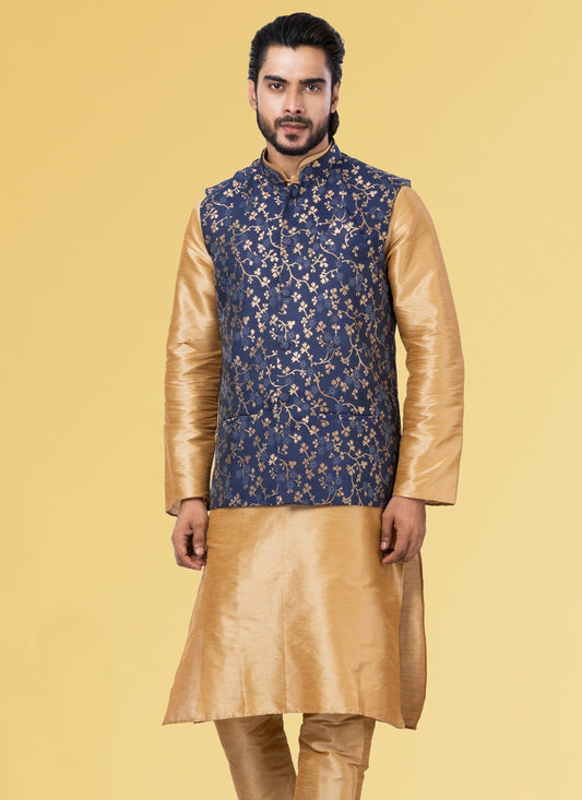 Embroidered Jacquard Silk Blue Nehru Jackets - M3834