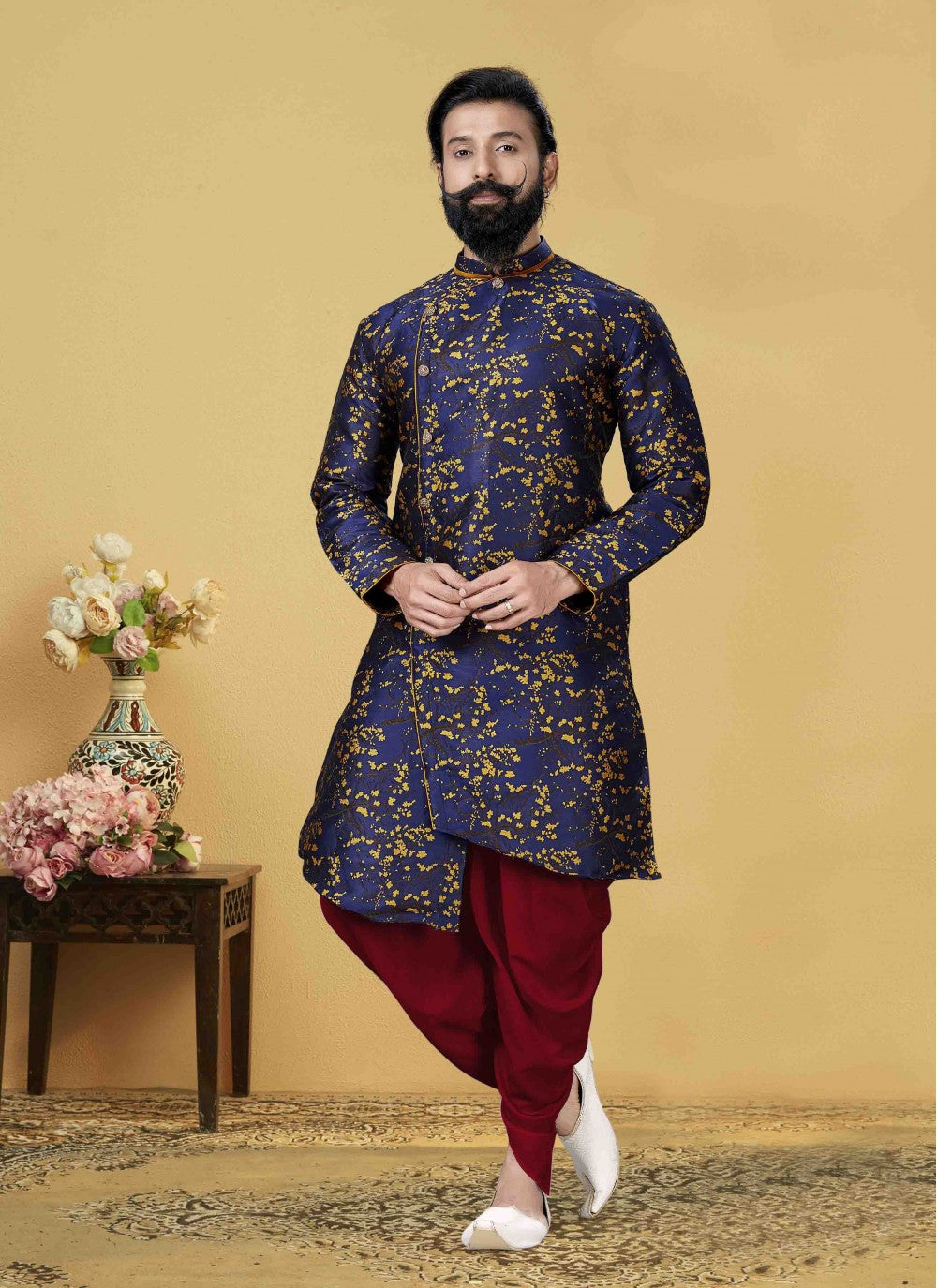 Embroidered Jacquard Silk Blue Indo Western - M1755