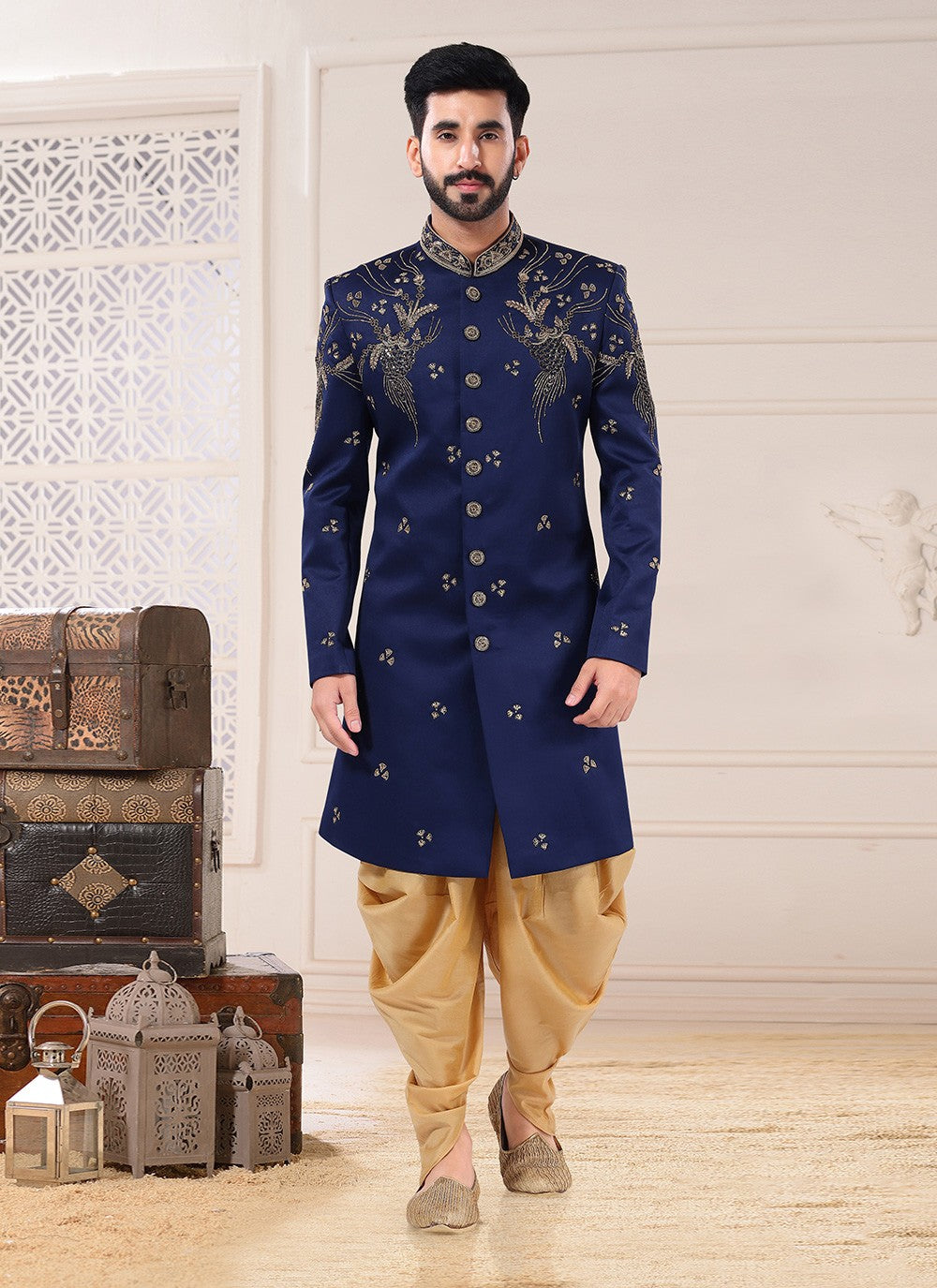 Embroidered Rayon Blue Indo Western Sherwani - M4696