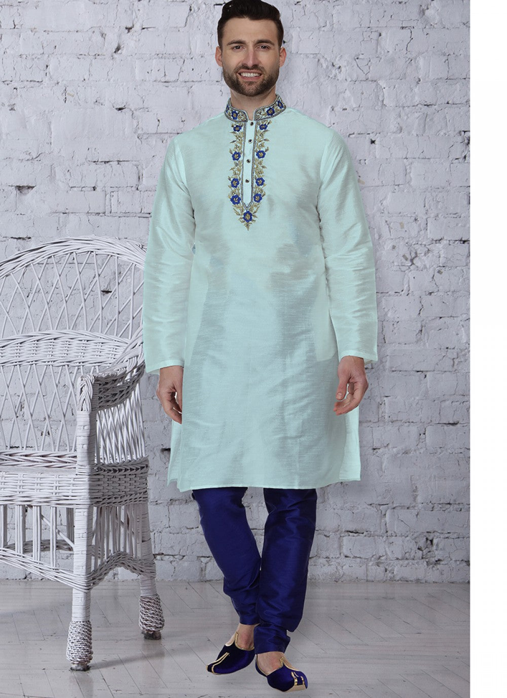 Embroidered Art Dupion Silk Blue Kurta Pyjama - M1492