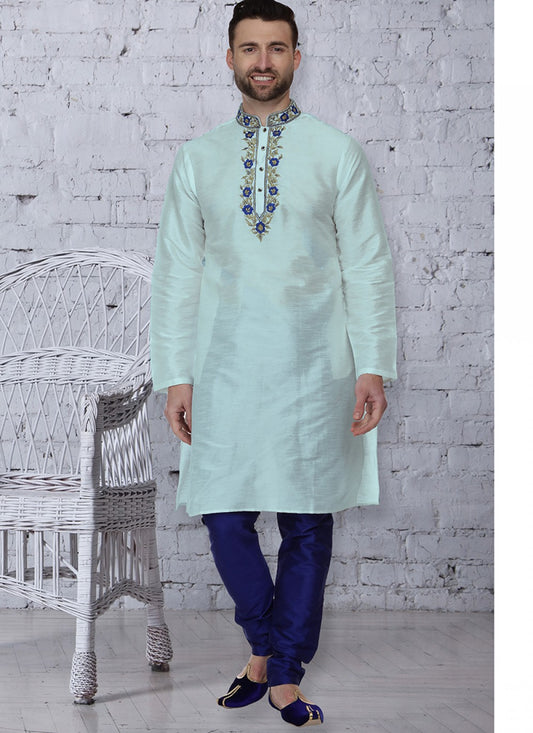 Embroidered Art Dupion Silk Blue Kurta Pyjama - M1492