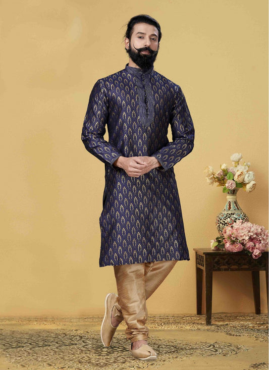 Embroidered Jacquard Silk Blue Kurta Pyjama - M1737