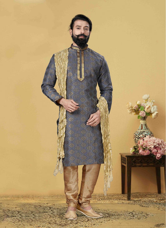 Embroidered Jacquard Silk Grey Kurta Pyjama - M1739