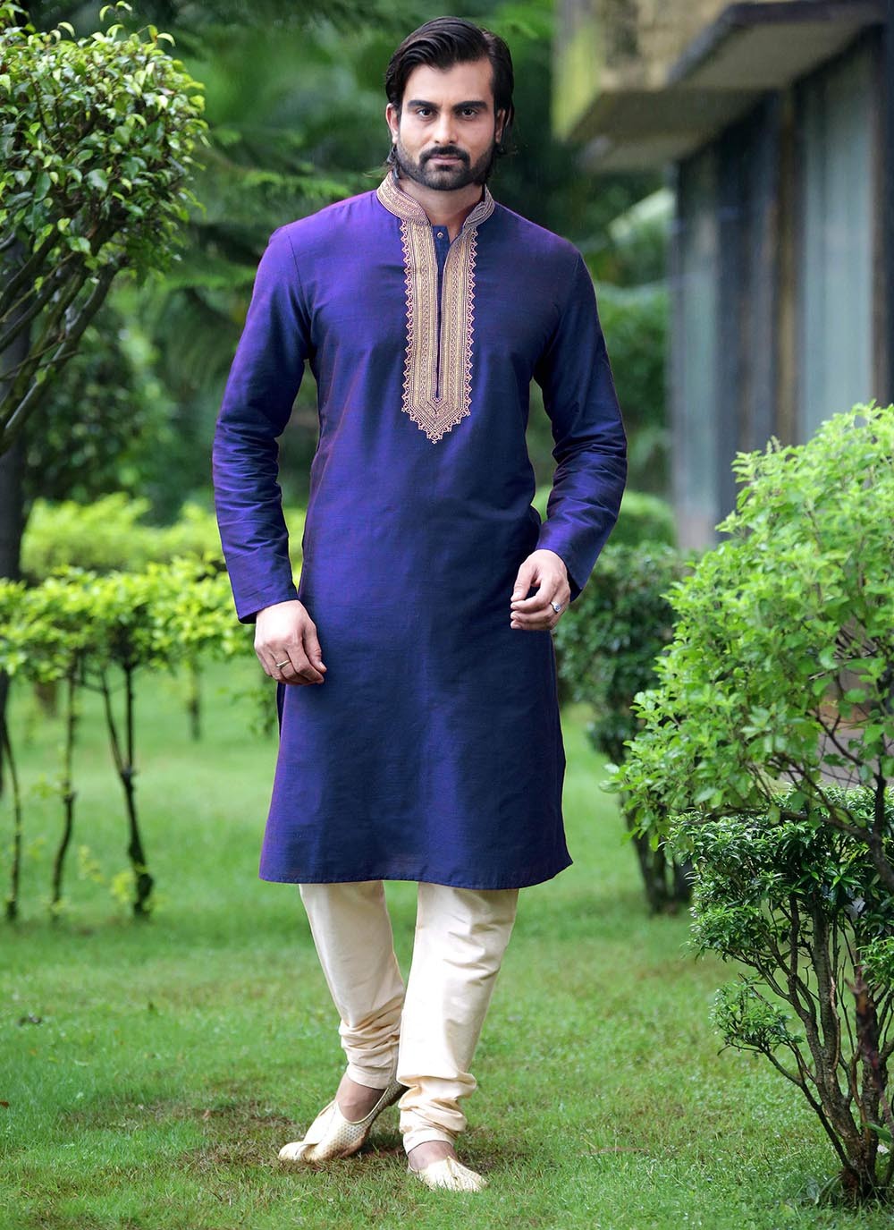 Embroidered Dupion Silk Blue Kurta Pyjama - M2128