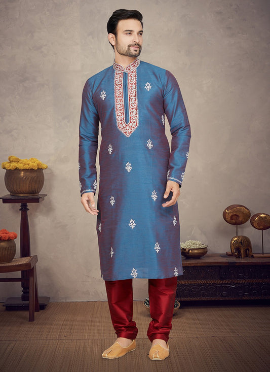 Embroidered Art Silk Blue Kurta Pyjama - M5869