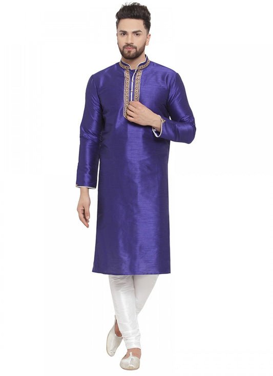 Embroidered Art Dupion Silk Blue Kurta Pyjama - M1395