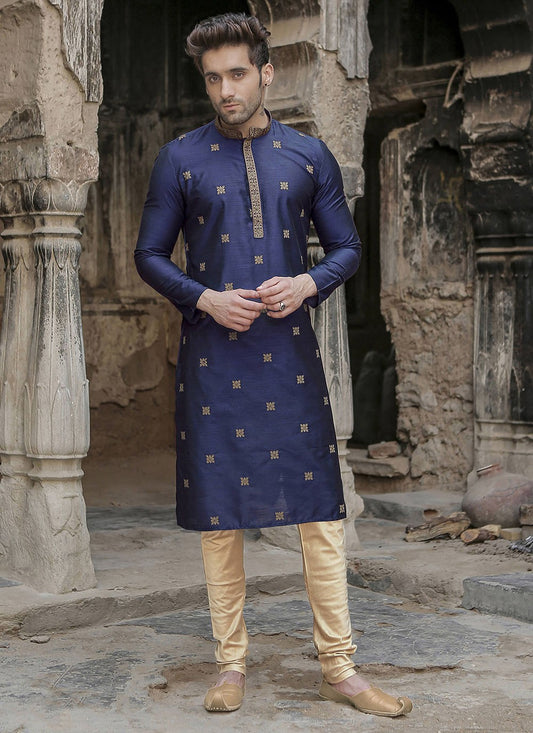 Embroidered Poly Silk Blue Kurta Pyjama - M2338