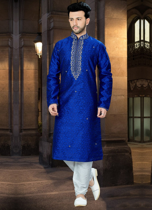 Embroidered Dupion Silk, Jacquard Blue Kurta Pyjama - M1034