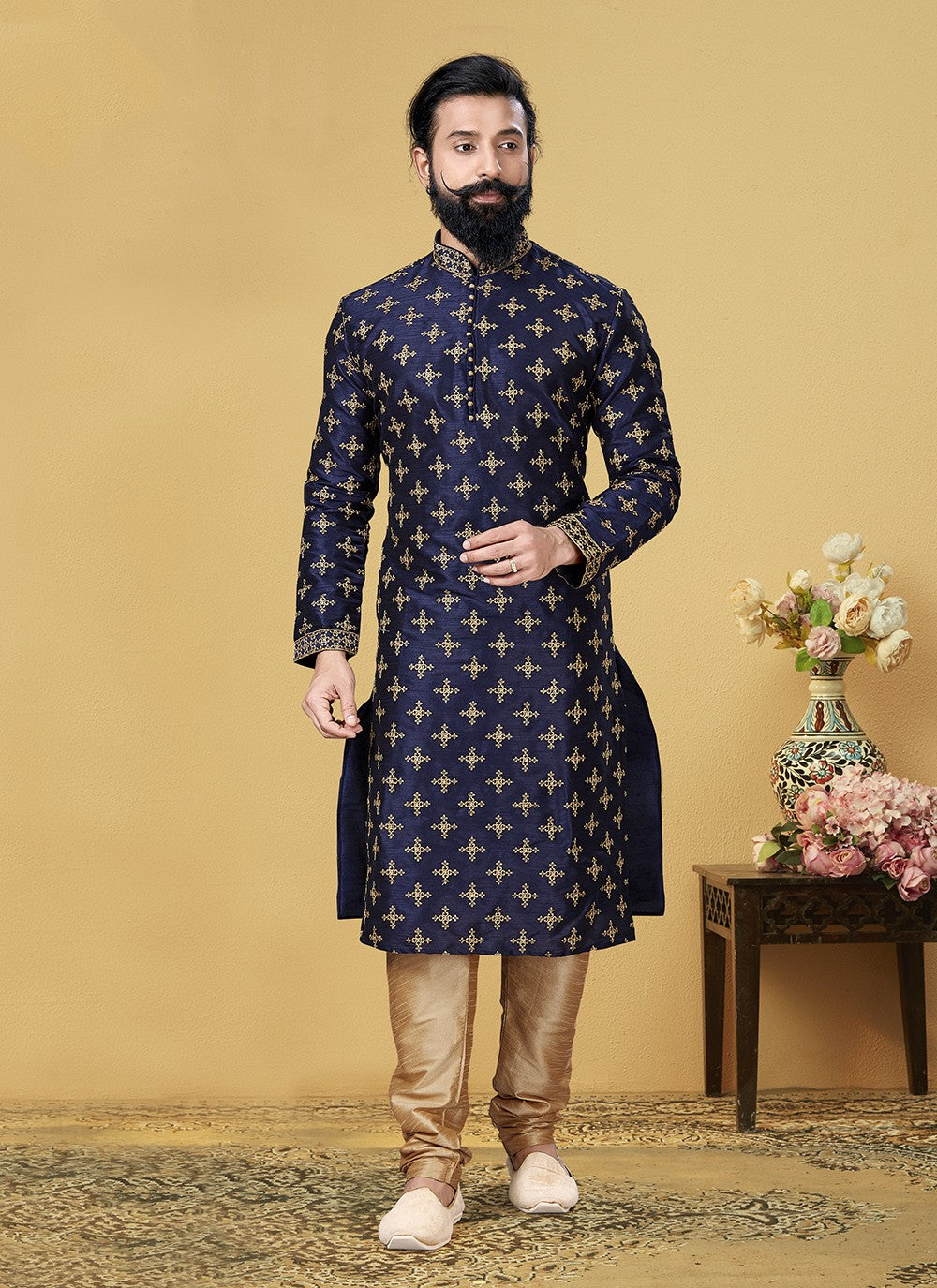 Embroidered Dupion Silk Blue Kurta Pyjama - M2057