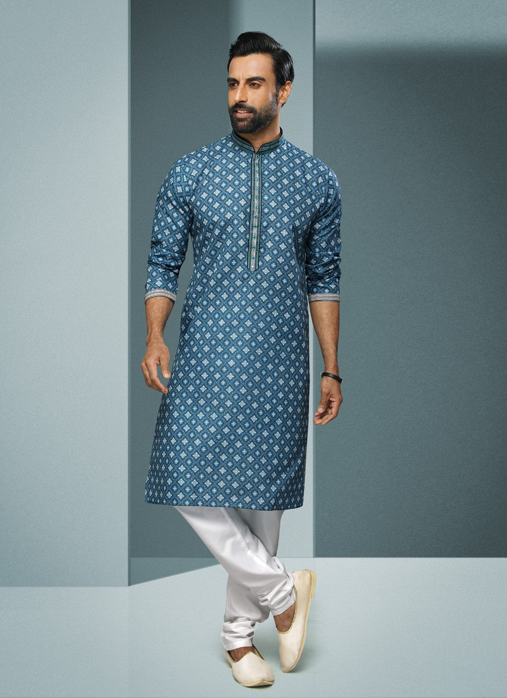 Digital Print Handloom Cotton Blue Kurta Pyjama - M4060