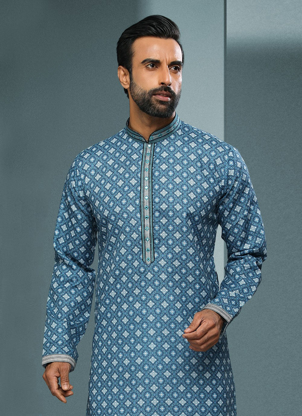 Digital Print Handloom Cotton Blue Kurta Pyjama - M4060