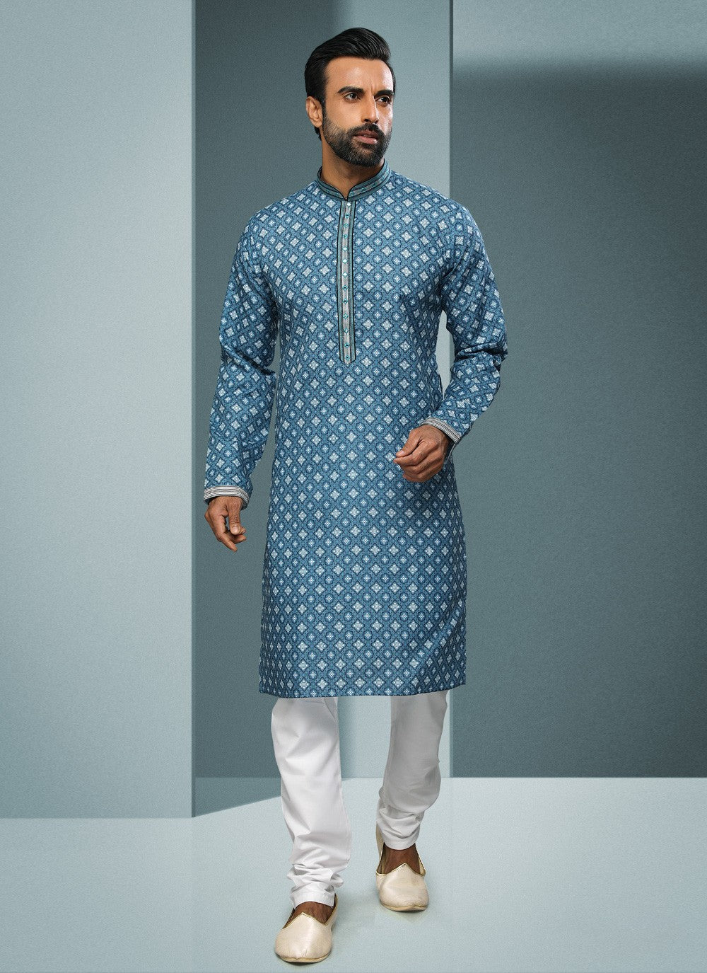 Digital Print Handloom Cotton Blue Kurta Pyjama - M4060