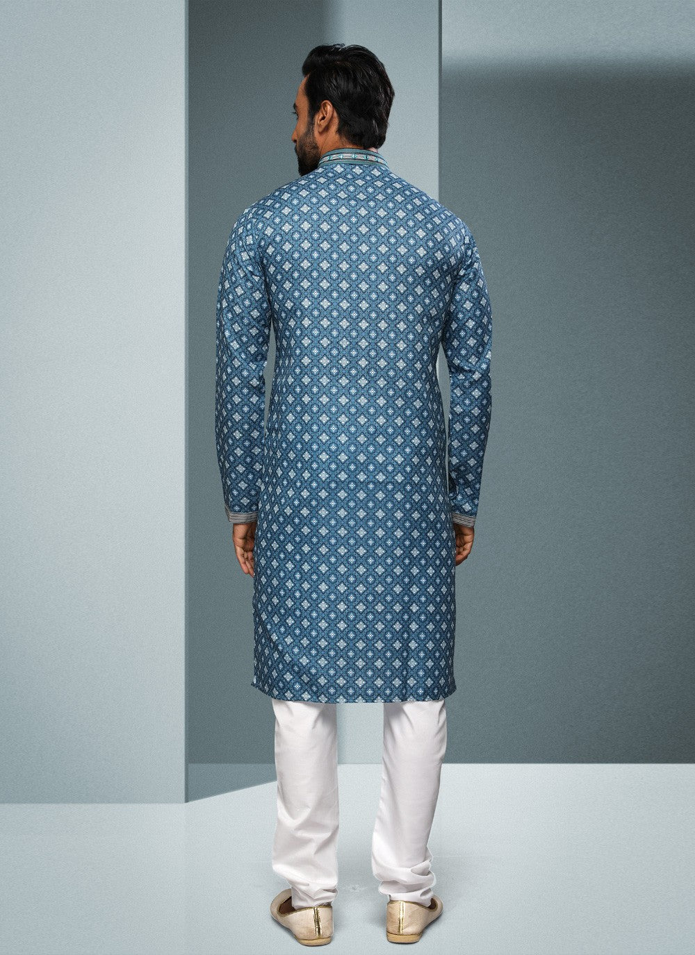 Digital Print Handloom Cotton Blue Kurta Pyjama - M4060