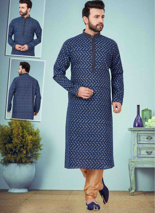 Printed Cotton Silk Blue Kurta Pyjama - M1634