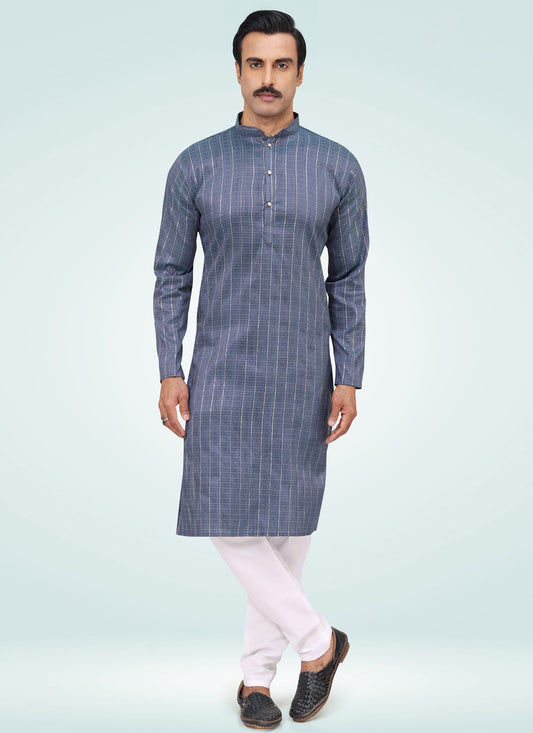 Fancy Work Silk Blue Kurta Pyjama - M4618