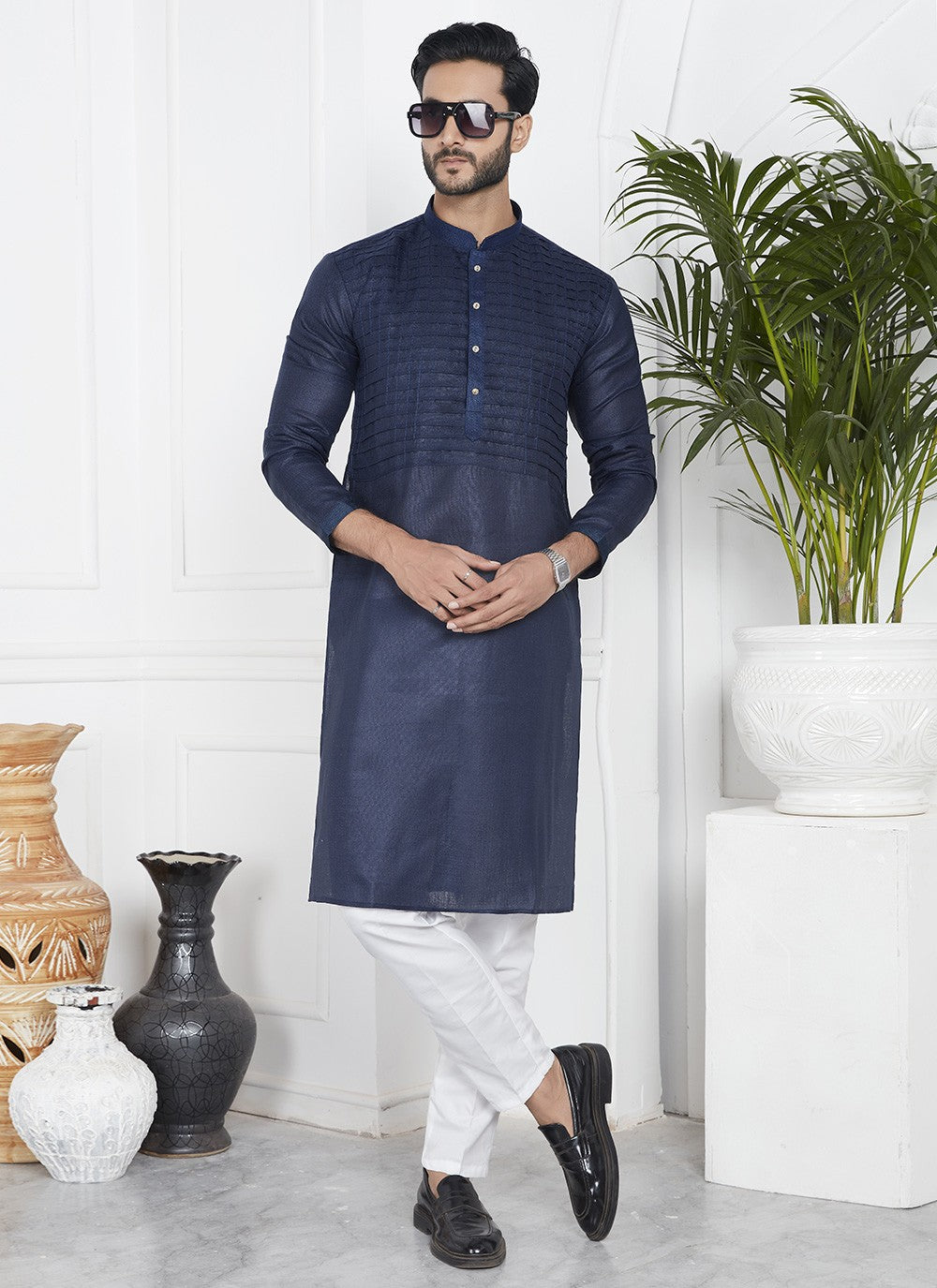 Fancy Work Cotton , Linen Blue Kurta Pyjama - M7098