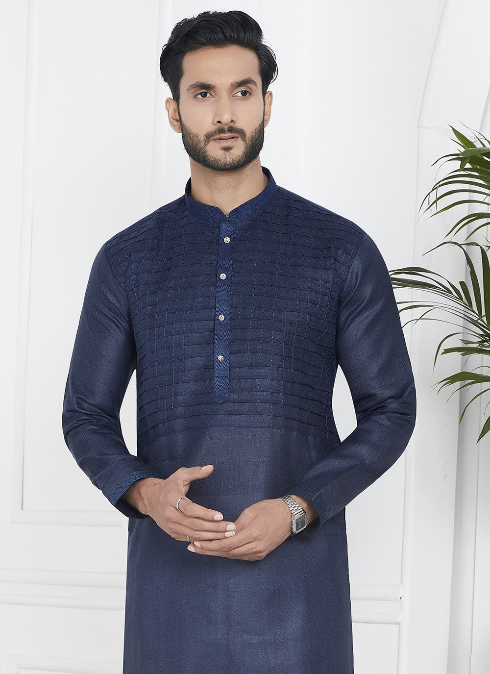 Fancy Work Cotton , Linen Blue Kurta Pyjama - M7098