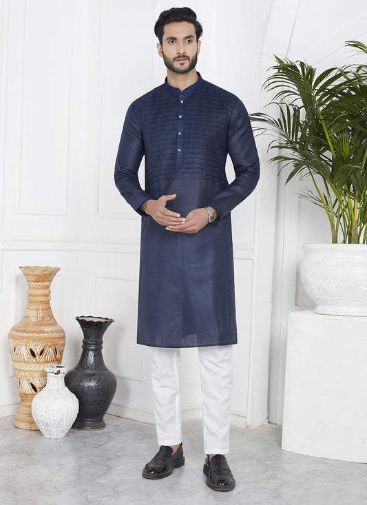 Fancy Work Cotton , Linen Blue Kurta Pyjama - M7098