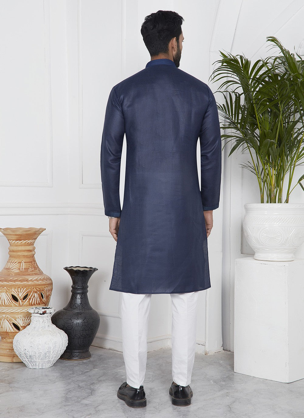 Fancy Work Cotton , Linen Blue Kurta Pyjama - M7098