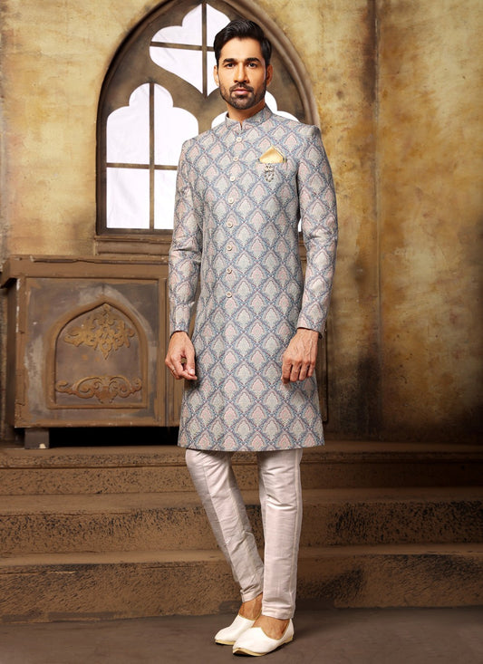 Digital Print Fancy Fabric Blue Indo Western Sherwani - M3987