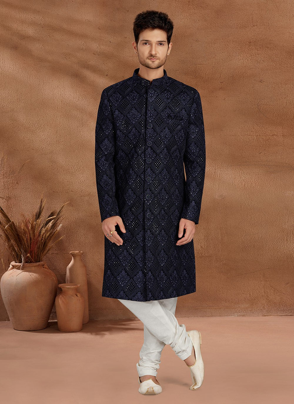 Fancy Work Velvet Blue Indo Western Sherwani - M2796