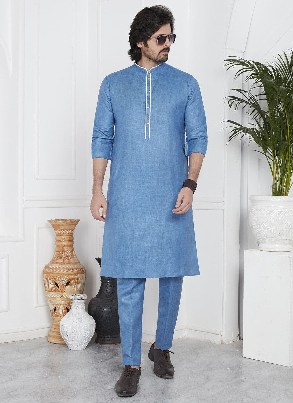 Fancy Work Cotton , Linen Blue Kurta Pyjama - M7100