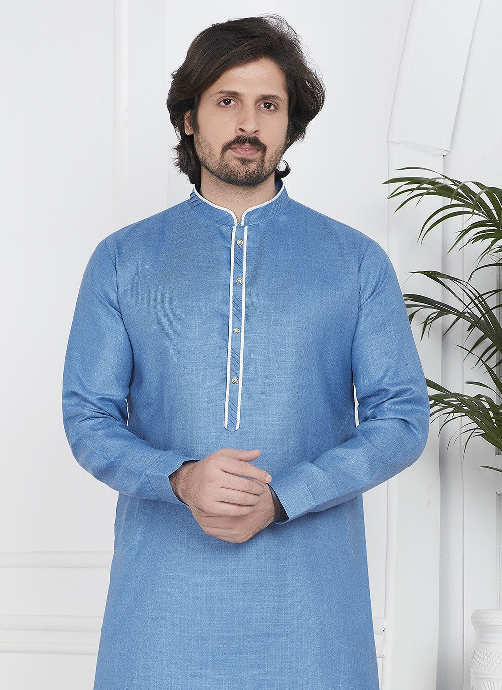 Fancy Work Cotton , Linen Blue Kurta Pyjama - M7100