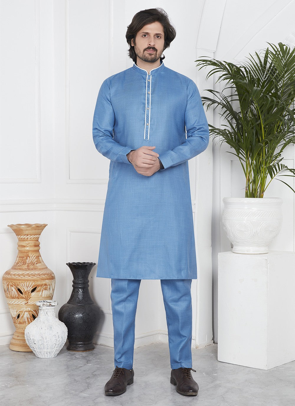 Fancy Work Cotton , Linen Blue Kurta Pyjama - M7100