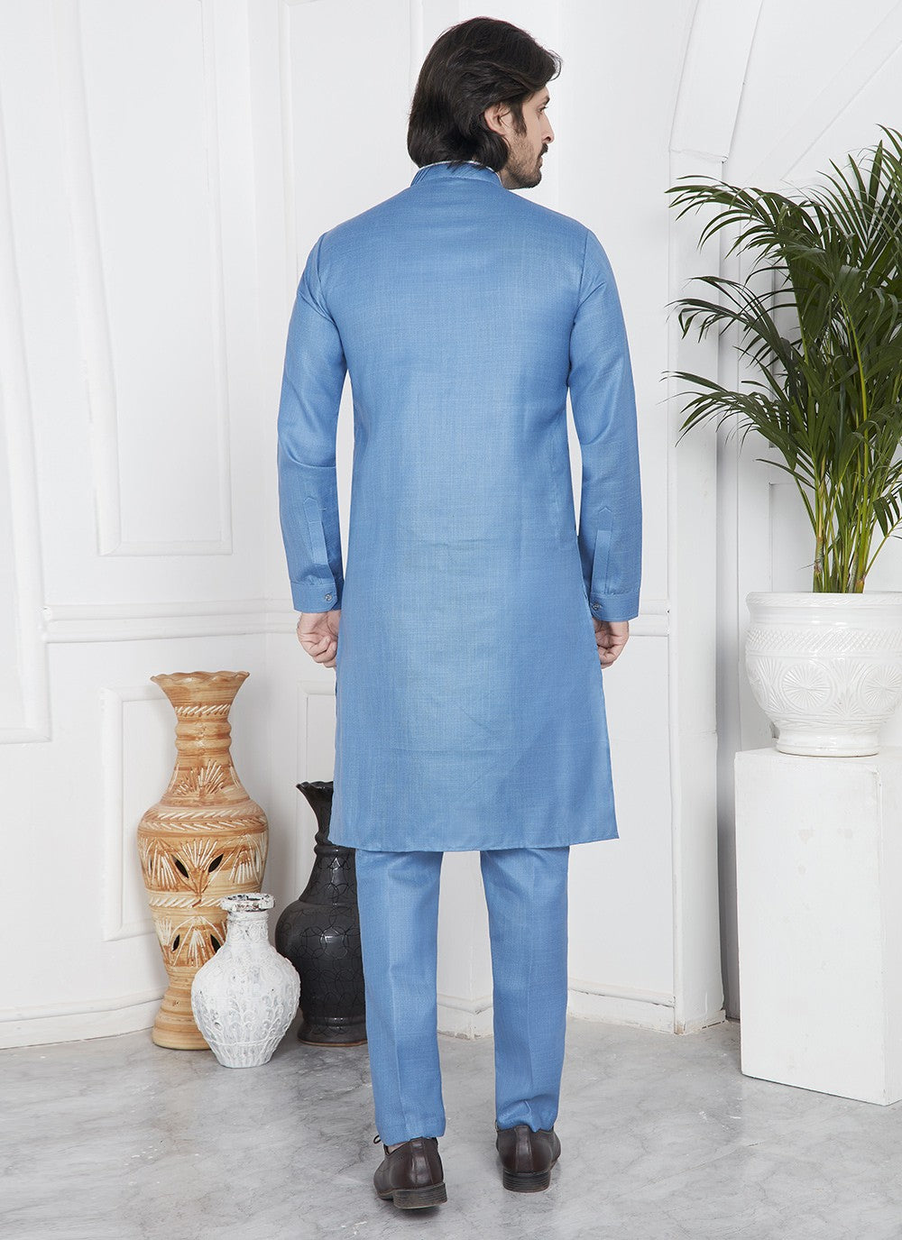 Fancy Work Cotton , Linen Blue Kurta Pyjama - M7100