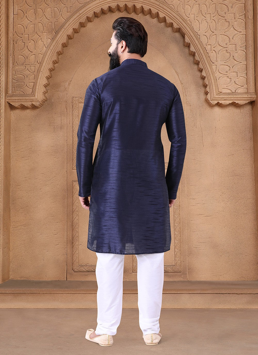 Fancy Work Silk Blue Kurta Pyjama - M7611