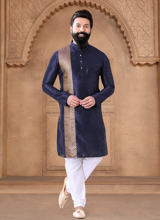 Fancy Work Silk Blue Kurta Pyjama - M7611