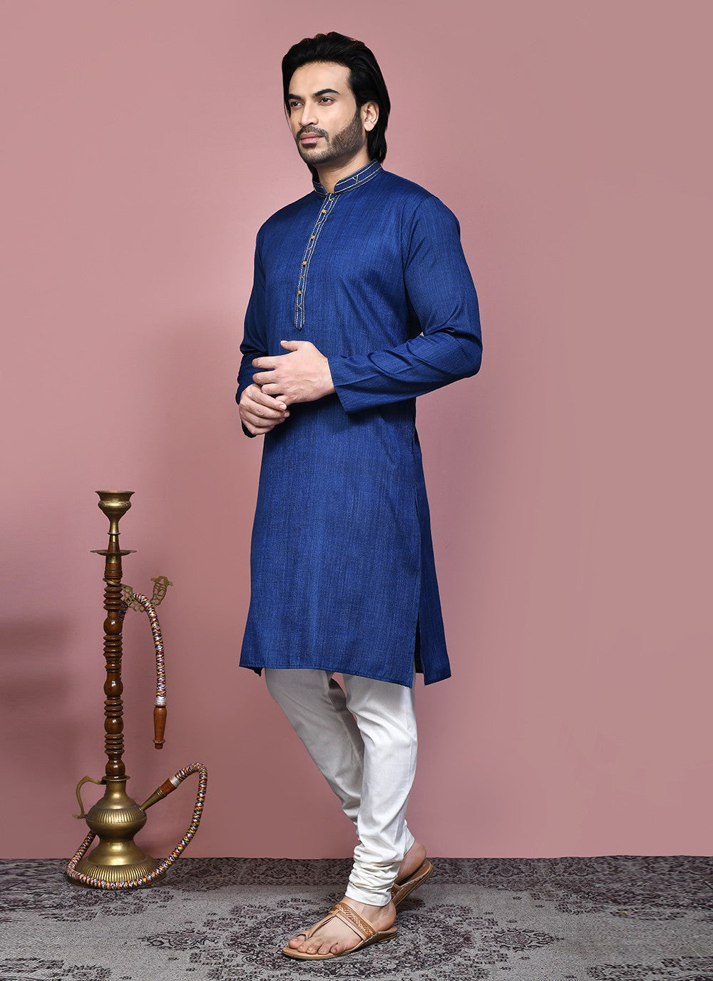 Plain Cotton Silk Blue Kurta Pyjama - M7879