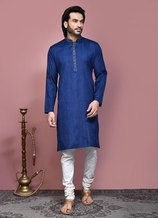 Plain Cotton Silk Blue Kurta Pyjama - M7879