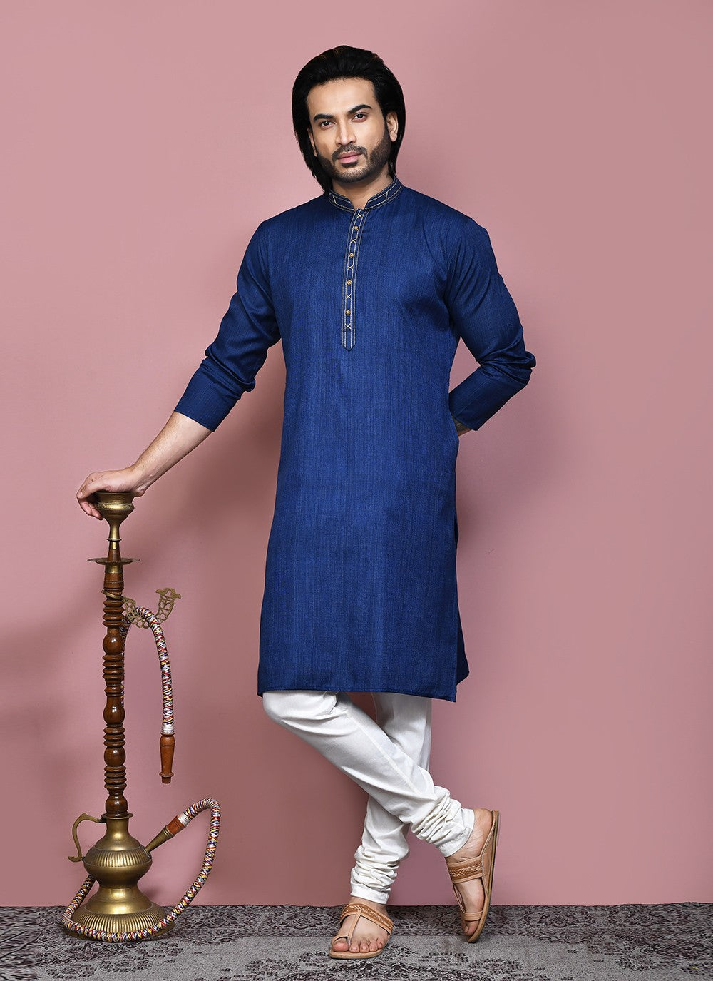 Plain Cotton Silk Blue Kurta Pyjama - M7879