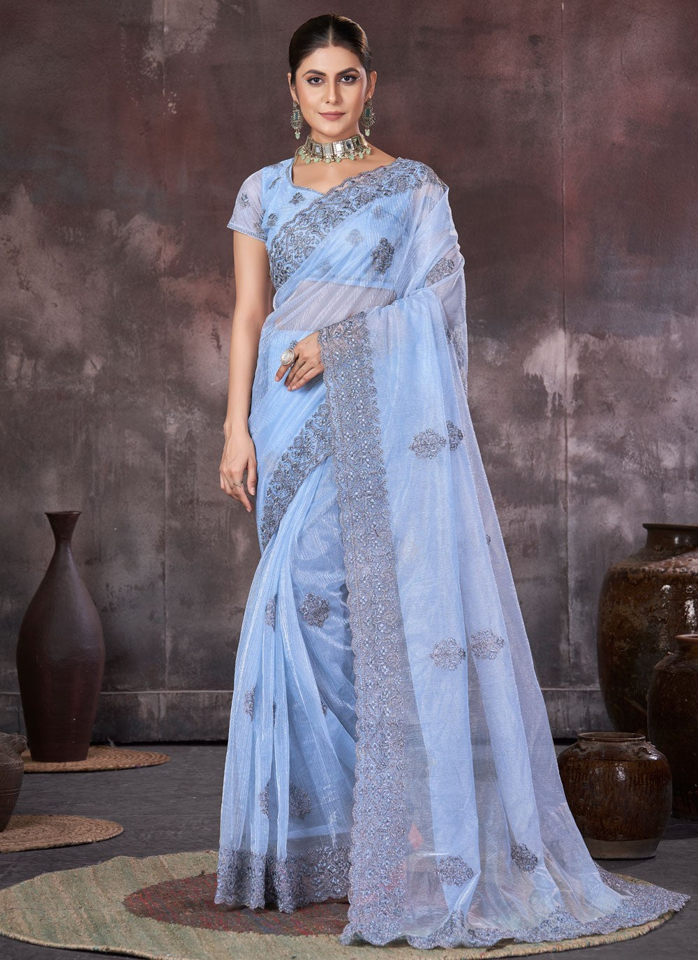 Classic Border Work Net, Organza Saree - S7536