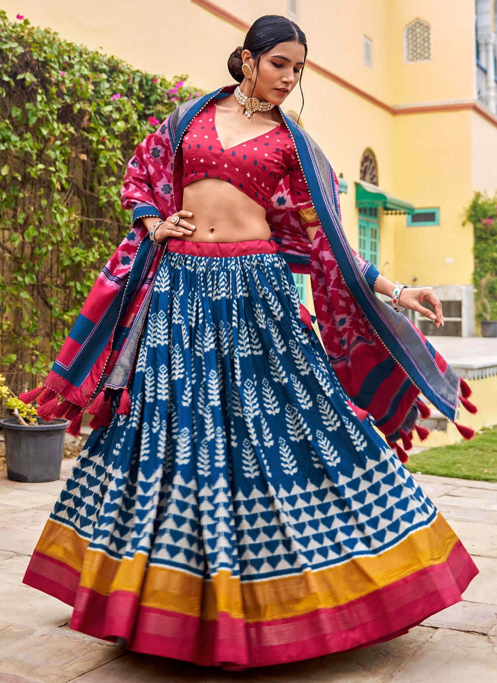 Foliage Prints Tussar Silk A - Line Lehenga - L1604