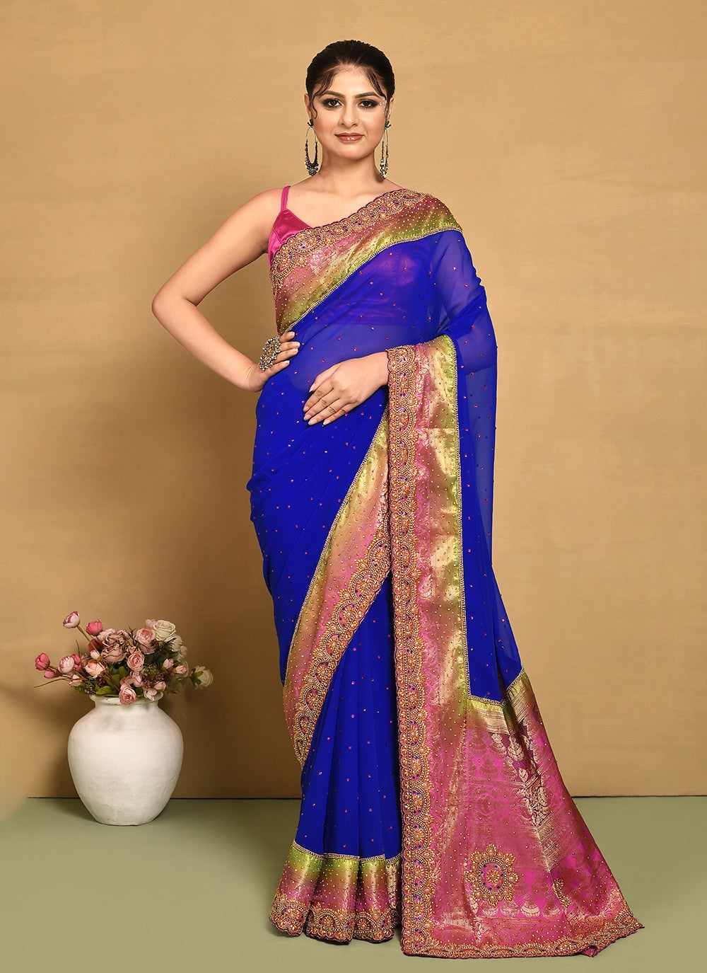 Traditional Hand Embroidery Georgette Saree - S9257