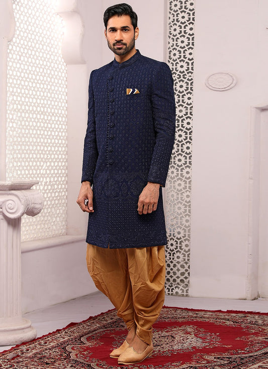 Embroidered Georgette, Lucknowi Blue Sherwani - M3305